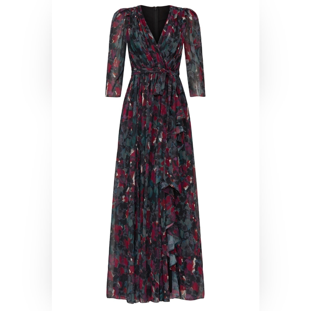Badgley Mischka Pleated Floral Gown